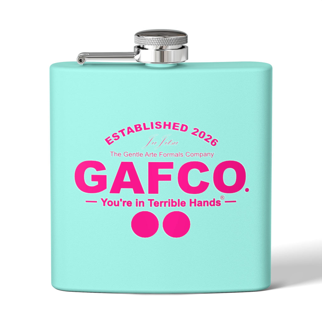 Drunken Master 6 oz stainless steel flask by GAFCO, front view