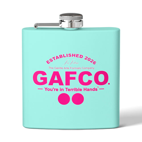 Drunken Master 6 oz stainless steel flask by GAFCO, front view