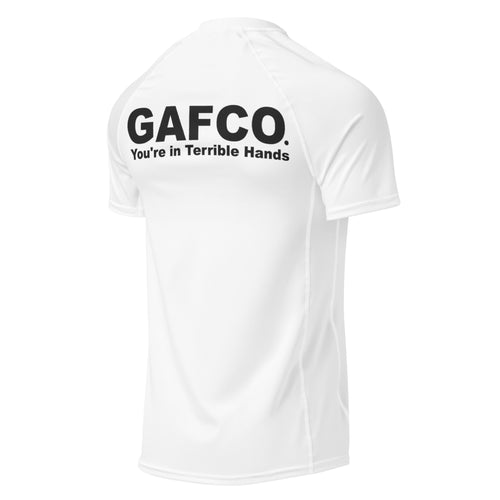 Fundamentals white BJJ rash guard by GAFCO, back view