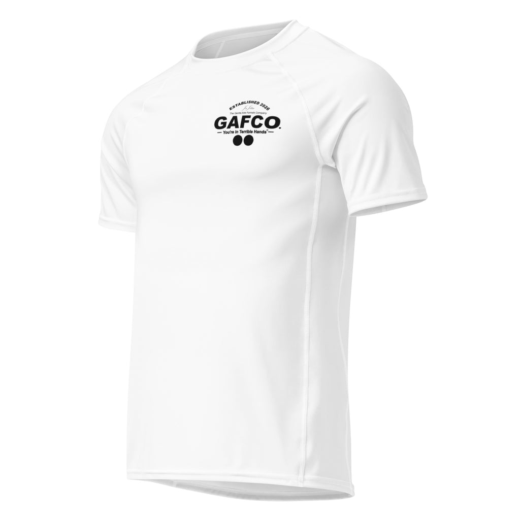 Fundamentals white BJJ rash guard by GAFCO, front view