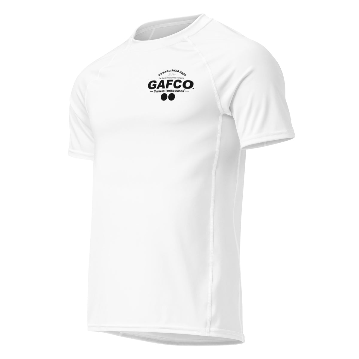 Fundamentals white BJJ rash guard by GAFCO, front view