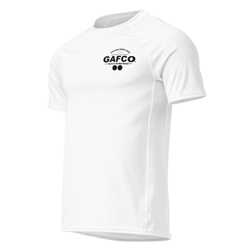 Fundamentals white BJJ rash guard by GAFCO, front view