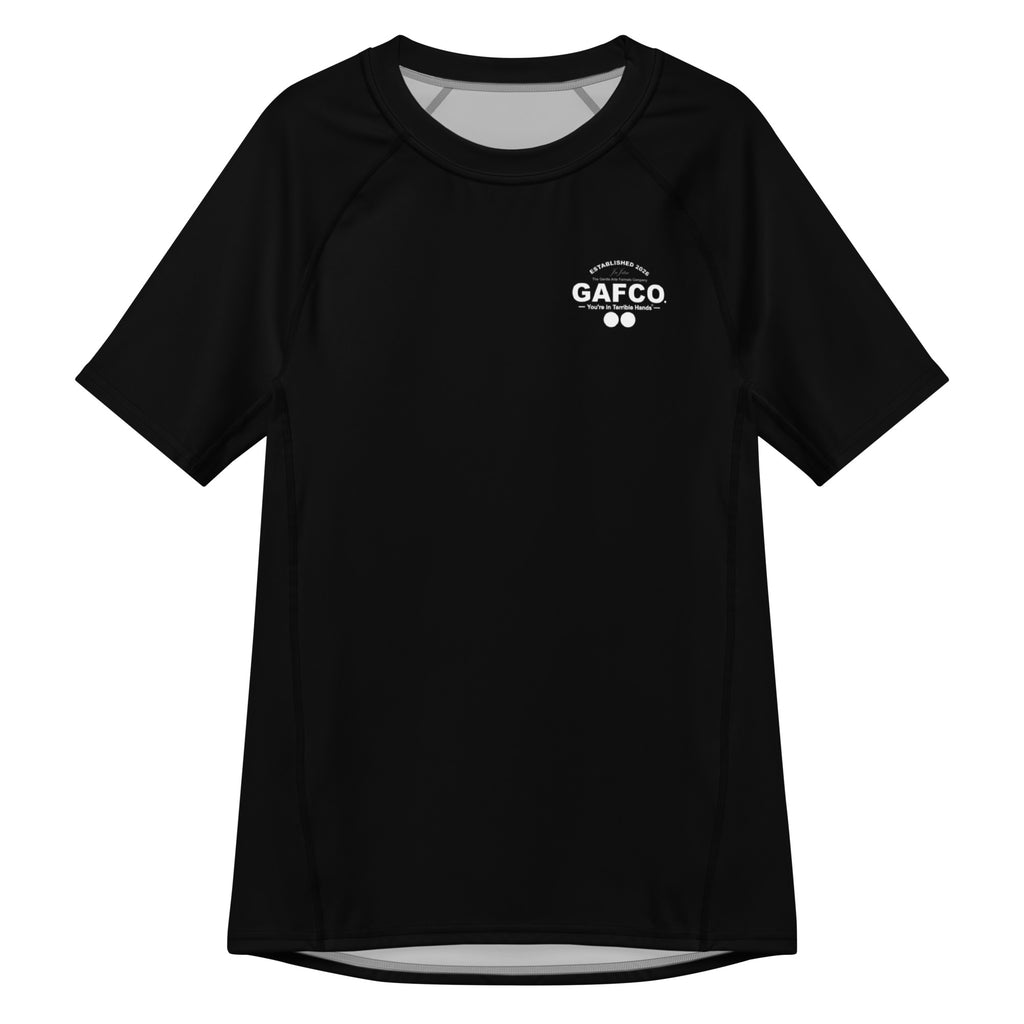 Fundamentals black BJJ rash guard by GAFCO, front view