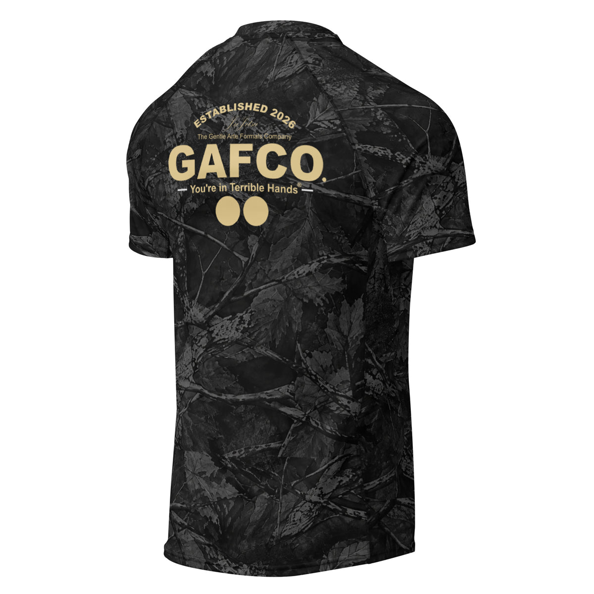 Neva Saw It Coming Night Rash Guard, black camo BJJ rash guard by GAFCO., back view